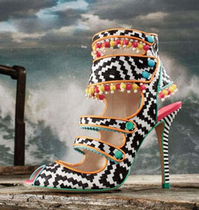 Multi-color Bead Design Strap Button Top Heels - Ailime Designs