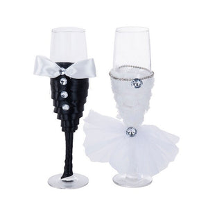 Adorable Black & White Wedding Couple Champagne Glasses - Ailime Designs