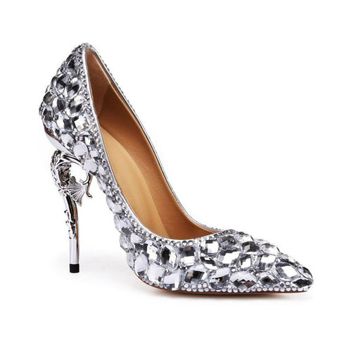 Women's Crystal Heel Ornament Design  Pointed Toe Stiletto Pumps