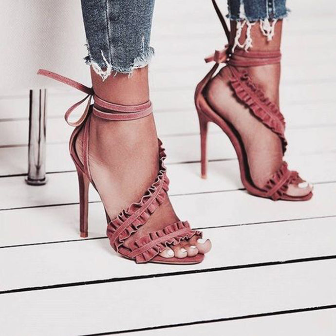 Ruffle Pleat Design Ankle Tie High Heels - Ailime Designs