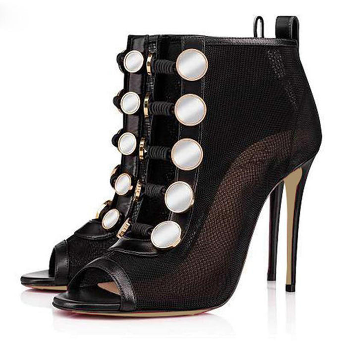 Women's Mesh Pearl Button Design Ankle Boots