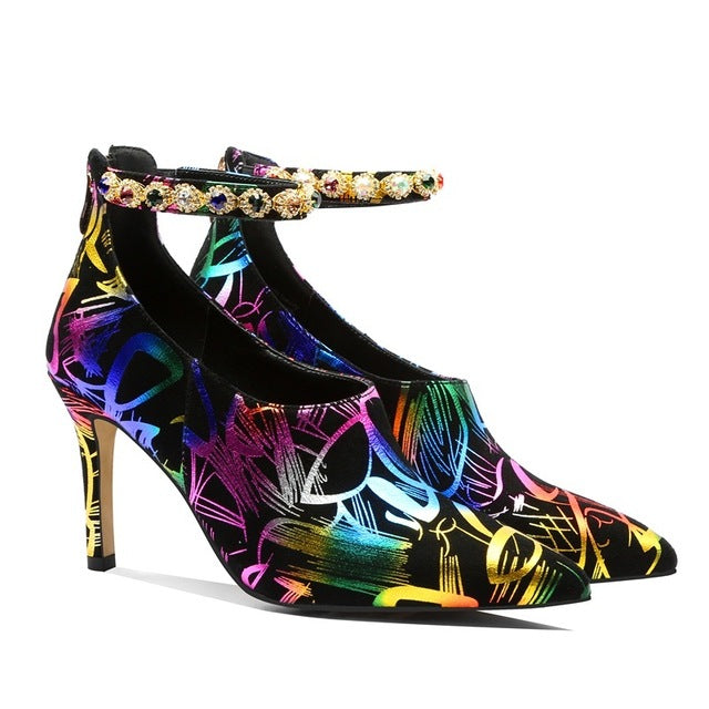 Women's Graffiti Print Design Strap Ankle Pumps