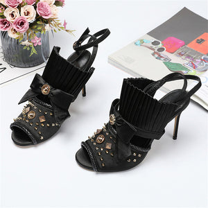 Black Satin Pleat Design Strap Ankle High Heels - Ailime Designs