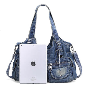 Blue Denim Oversize Messenger Handbags - Ailime Designs