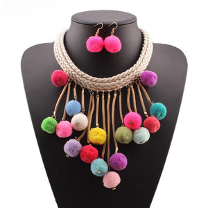 Handmade Pom Pom Design Women's 2pc Braid Rope Choker Necklace Set - Ailime Designs