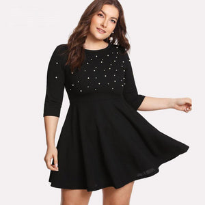 Plus Size Beauties Flare Bottom Long Sleeve Beaded  Mini Dresses - Ailime Designs
