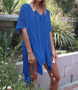 V-neck Crochet Design Women's Tunic Style Cover-up w/ Two Side Slits - Ailime Designs