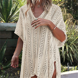 V-neck Crochet Design Women's Tunic Style Cover-up w/ Two Side Slits - Ailime Designs