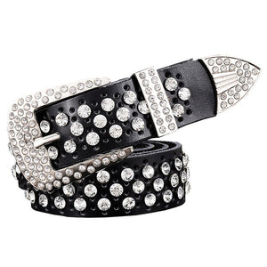 Women's Rhinestone Genuine Leather Skin Buckle Belts