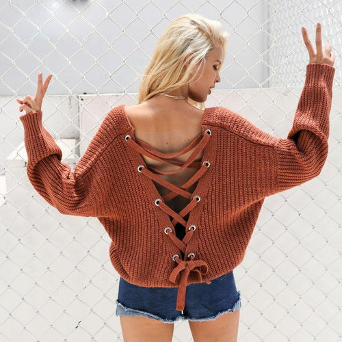 Oversize Women's Pullover Fashionable Lace-back Sweater - Ailime Designs - Ailime Designs