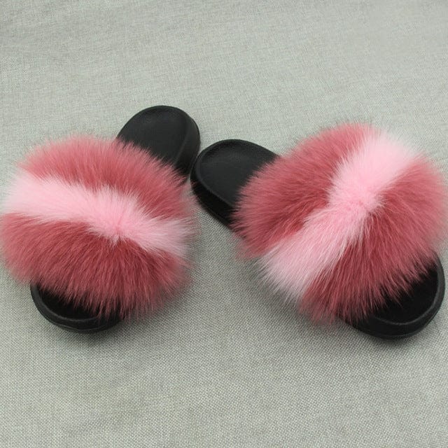 ZDFURS *Real Fur Slippers Women Fox Home Fluffy Sliders Comfort With Feathers Furry Summer Flats Sweet Ladies Shoes Large  Home - Ailime Designs