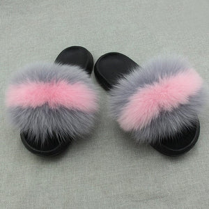 ZDFURS *Real Fur Slippers Women Fox Home Fluffy Sliders Comfort With Feathers Furry Summer Flats Sweet Ladies Shoes Large  Home - Ailime Designs