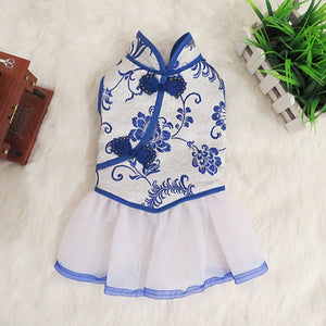 Summer Dog Dress For Dogs Clothes Blue white Anemones Cheongsam Pet Cat Dress Tulle Dog Dresses For Small Medium Dogs - Ailime Designs