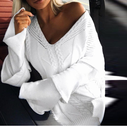 Cozy White Long Sleeve Cable Knit  V-neck Sweater - Ailime Designs - Ailime Designs