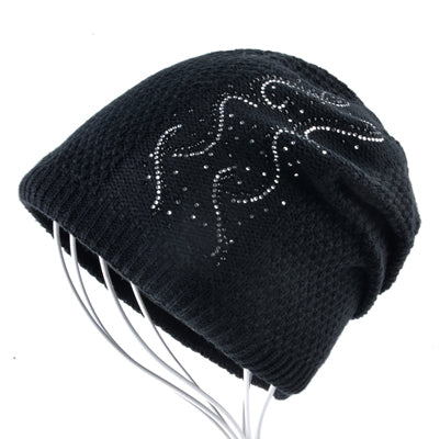 Warm Knitted Beanie Caps w/ Rhinestones -  Double Lining Hats - Ailime Designs