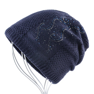 Warm Knitted Beanie Caps w/ Rhinestones -  Double Lining Hats - Ailime Designs