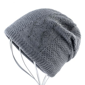 Warm Knitted Beanie Caps w/ Rhinestones -  Double Lining Hats - Ailime Designs