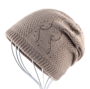 Warm Knitted Beanie Caps w/ Rhinestones -  Double Lining Hats - Ailime Designs