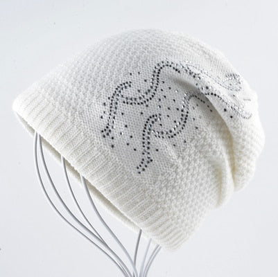 Warm Knitted Beanie Caps w/ Rhinestones -  Double Lining Hats - Ailime Designs