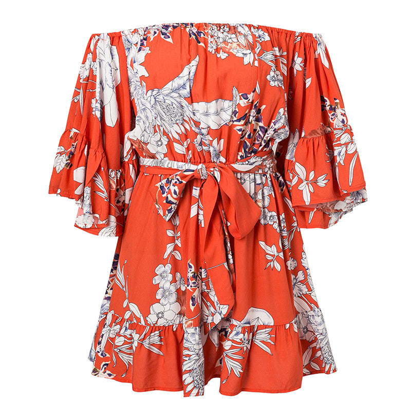 Lily Rosie Girl Off shoudler summer floral print dress Women sexy beach dress Sashes short red dress vestidos 2018 - Ailime Designs