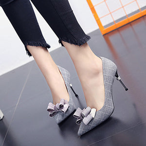 Women's Plaid Print Design Ribbon Bow Pumps