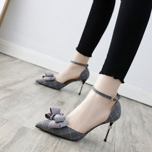 Women's Plaid Print Design Ribbon Bow Pumps