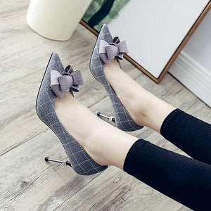 Women's Plaid Print Design Ribbon Bow Pumps