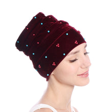 Load image into Gallery viewer, Women Velvet India Style Stretch Turban Hats w/ Bead Detail Design - Ailime Designs