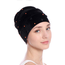 Load image into Gallery viewer, Women Velvet India Style Stretch Turban Hats w/ Bead Detail Design - Ailime Designs