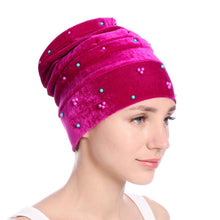 Load image into Gallery viewer, Women Velvet India Style Stretch Turban Hats w/ Bead Detail Design - Ailime Designs