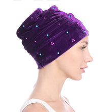 Load image into Gallery viewer, Women Velvet India Style Stretch Turban Hats w/ Bead Detail Design - Ailime Designs