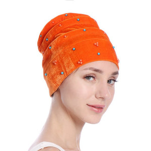 Women Velvet India Style Stretch Turban Hats w/ Bead Detail Design - Ailime Designs