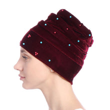 Load image into Gallery viewer, Women Velvet India Style Stretch Turban Hats w/ Bead Detail Design - Ailime Designs