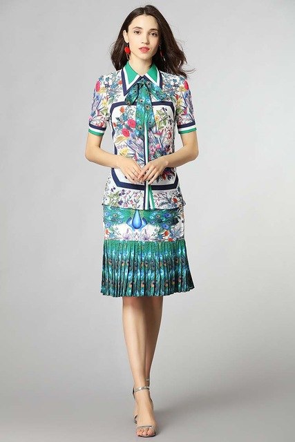 Women's Turn Down Collar Bow Detailing Printed Shirt with Pleated Mermaid Skirts Fashion Runway Twinsets Two Piece Dress - Ailime Designs