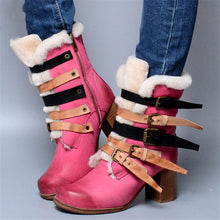 Load image into Gallery viewer, Women&#39;s Multi Colored Strap Buckle Design Fur Trim Boots