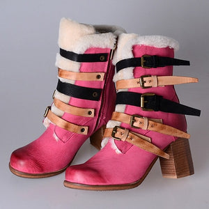 Women's Multi Colored Strap Buckle Design Fur Trim Boots