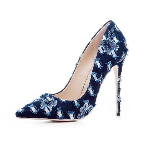 Women's Frayed Denim Style Pointed Toe High Heels Pumps