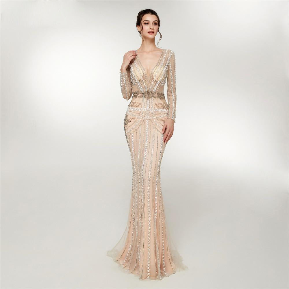 Women's Elegant Crystal Bead Design Evening Dress