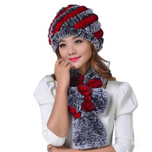 Load image into Gallery viewer, Elegant Warm Fluted Design Women&#39;s Rabbit Fur 2pc Hat Sets - Ailime Designs