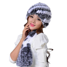 Load image into Gallery viewer, Elegant Warm Fluted Design Women&#39;s Rabbit Fur 2pc Hat Sets - Ailime Designs