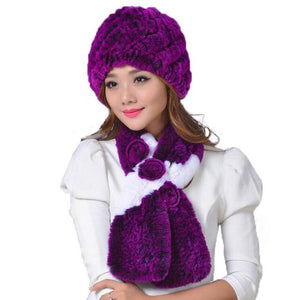 Elegant Warm Fluted Design Women's Rabbit Fur 2pc Hat Sets - Ailime Designs