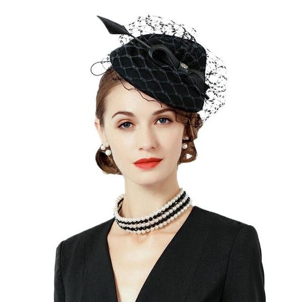 Women's Elegant Pill Box Design Fascinator Hats w/ Arrow Feather - Ailime Designs