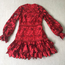 Load image into Gallery viewer, Women&#39;s Red Floral Leaf Mesh Design Vintage Dress w/ Puff Sleeves - Ailime Designs