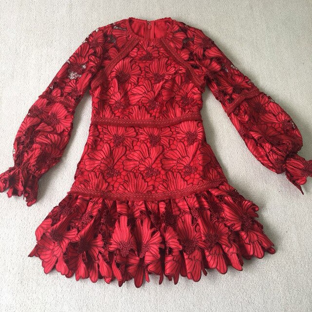 Women's Red Floral Leaf Mesh Design Vintage Dress w/ Puff Sleeves - Ailime Designs