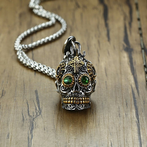 Stainless Steel Skeleton w/ Green Stone Eyes - Neckline Fashion Accessories - Ailime Designs