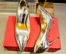 Load image into Gallery viewer, Women&#39;s Metallic Snake Print Design Pumps w/ Twist Rope Heels