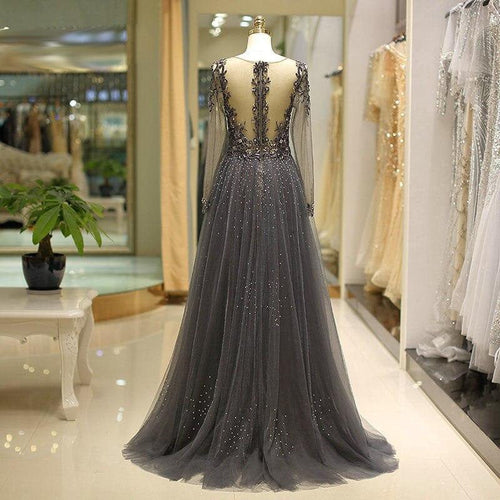 Women's Gray Elegant Sheer Lace Evening Gown – Ailime Designs