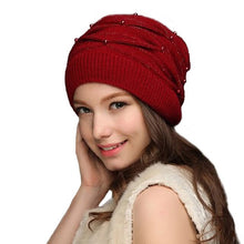 Load image into Gallery viewer, Women&#39;s Pitch Pleated Simulated Pearl Design Knit Caps - Ailime Designs