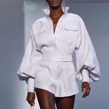 Load image into Gallery viewer, Women&#39;s 2PC Short Set w/ Button Collar &amp; Lantern Sleeves - Ailime Designs - Ailime Designs