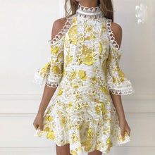 Load image into Gallery viewer, Women&#39;s Elegant Hollow-out Lace Design Multi Yellow Flare Bottom Dress - Ailime Designs